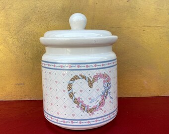 Blue Heart Cookie Jar Canister 9" H w lid My Love Gibson Stoneware White Blue ! 