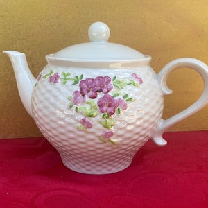 Teleflora Teapot,Basket Weave Floral Teapot,A Teleflora Gift,Decorative Teapot,White Pink Teapot,Teapot Gift,Pink Teapot,Teapot Gift,Teapot