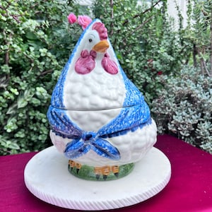 Vintage Chicken Hen Cookie Jar,Large Cookie Jar,White Blue Cookie Jar,Decorative Cookie Jar,Animal Cookie Jar,Bllue Cookie Jar,Gift Ideas
