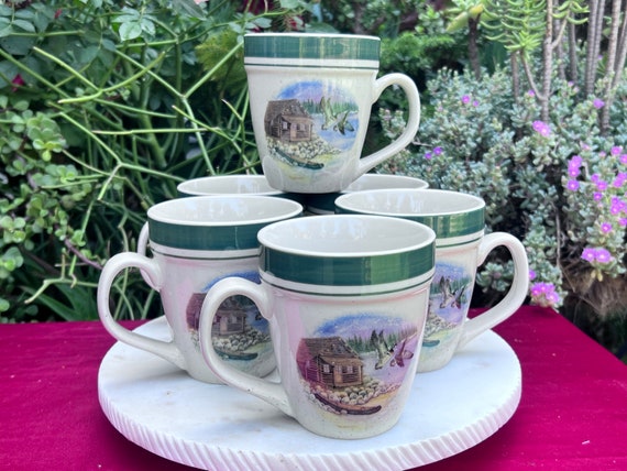 Cabela's Stoneware Coffee Mugs: Cabin Lake Scene, Set of 6 - Etsy