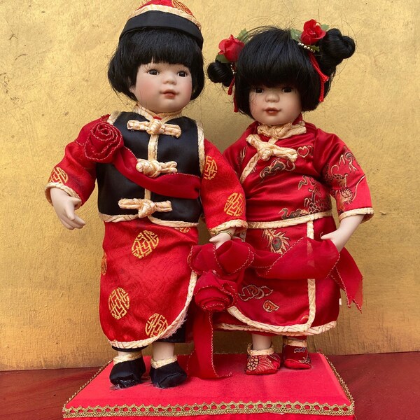 Duck House Heirloom Porcelain Dolls,Asian Couple Doll,Decorative Doll,Porcelain children Doll,Asian Children Doll Figurine