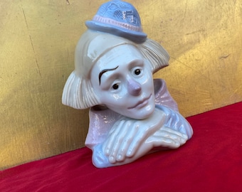 Statuetta vintage in porcellana Meico con testa di pagliaccio: decorazione triste di Paul Sebastian