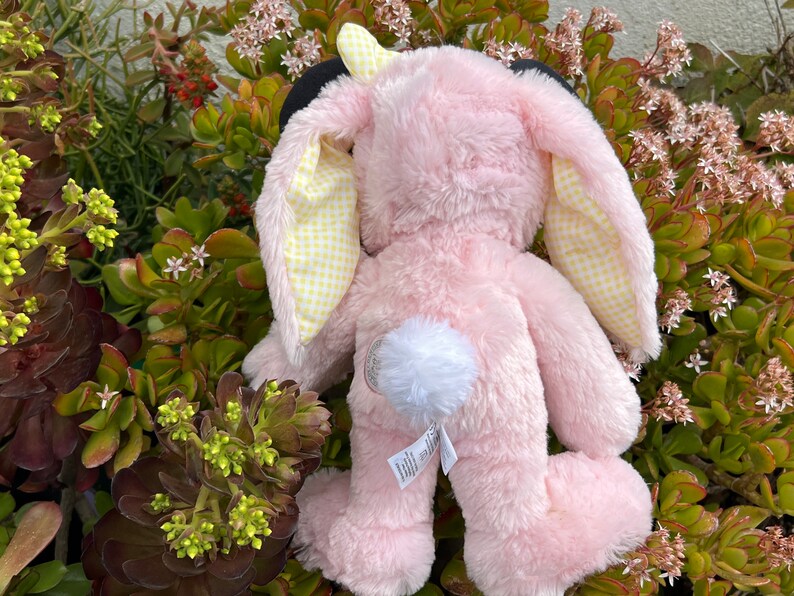 May include: A pink plush bunny rabbit with yellow and white checkered ears and a white fluffy tail. The bunny is sitting on a bed of green plants with small white flowers.