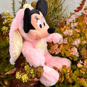 May include: Pink plush bunny costume with white polka dots, featuring a Mickey Mouse character with black ears and a black nose. The costume is sitting on a bed of green succulents.