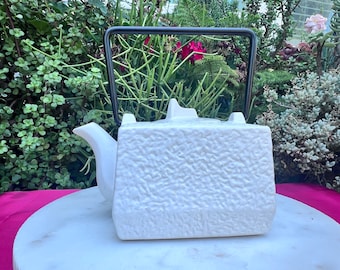 Modern Square Teapot: White Pebble Ceramic, Metal Handle