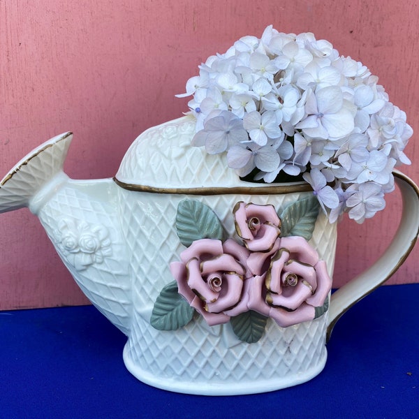 Vintage Pink Rose Watering Can Porcelain Watering Can,Floral Pitcher,Decorative Pitcher,Floral Vase,Display Vase,Rose Pitcher,Rose Vase