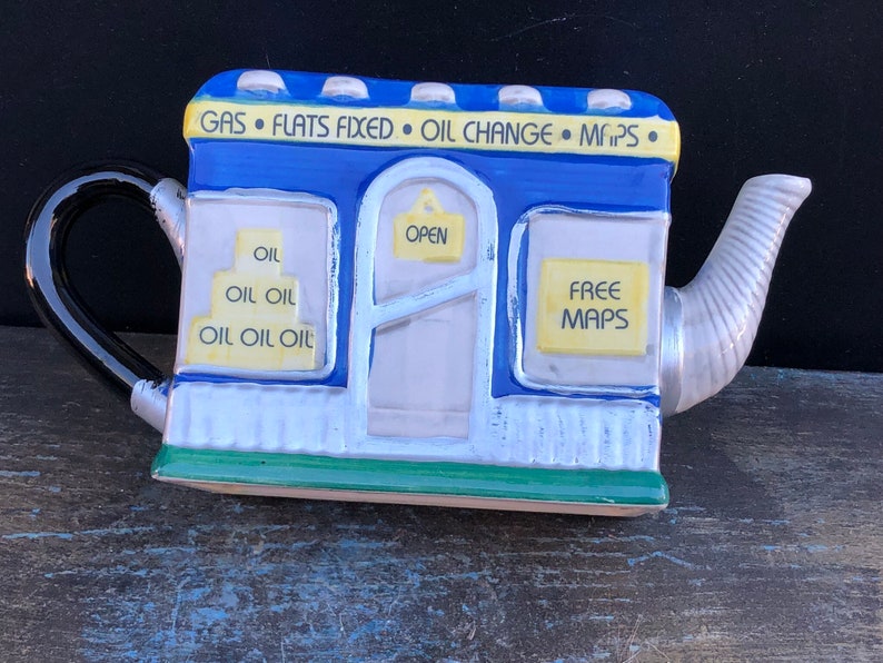 Vintage Fitz And Floyd 1993 Gas Station Teapot,OMNIBUS 1993,Blue Ceramic Teapot,Large Teapot,Decorative Teapot,Rare Teapot,Teapot Gift,Pot