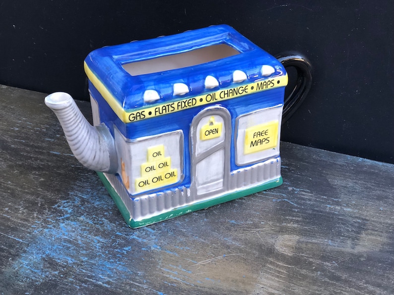Vintage Fitz And Floyd 1993 Gas Station Teapot,OMNIBUS 1993,Blue Ceramic Teapot,Large Teapot,Decorative Teapot,Rare Teapot,Teapot Gift,Pot