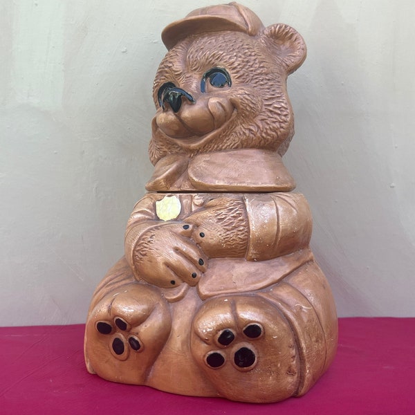 Vintage Brown Bear Cookie Jar,Smiling Bear Cookie Jar With Cap and Yellow Patch,Decorative Cookie Jar,Animal Cookie Jar,Large Cookie Jar