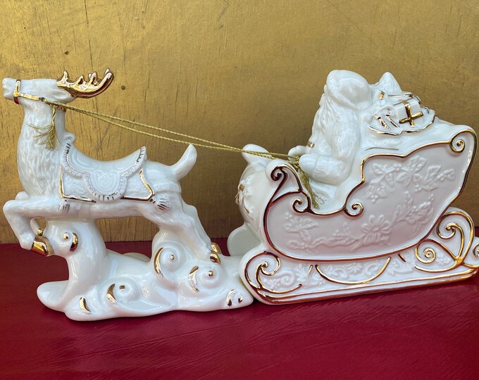 White And Gold Porcelain Santa Sleigh And Reindeer