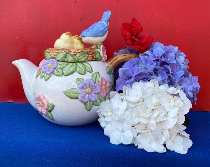 Vintage Teleflora Teapot,bird Nest Flower Teapot,teleflora Gift,decorative Teapot,cute Teapot