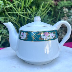 Vintage GMI Teapot,White With Floral Print Teapot,Green Band with Golld Teapot,Decorative Teapot,Drinkware,Tableware Drinkware,Gifts