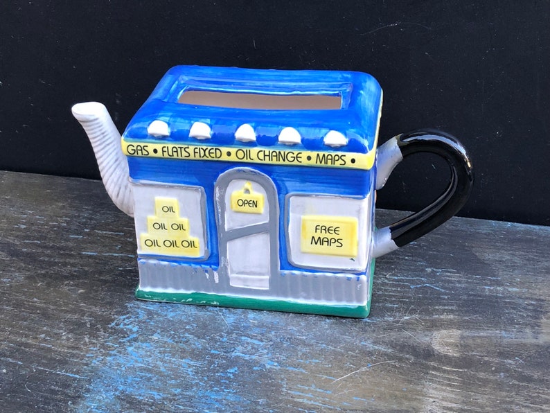 Vintage Fitz And Floyd 1993 Gas Station Teapot,OMNIBUS 1993,Blue Ceramic Teapot,Large Teapot,Decorative Teapot,Rare Teapot,Teapot Gift,Pot