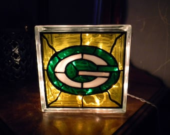 Green Bay Packers Football Reclaimed Glass Block Light/Nightlight Leaded Stained Glass