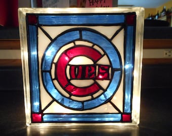 Chicago Cubs Baseball Reclaimed Glass Block Light/Nightlight Leaded Stained Glass