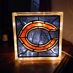 Chicago Bears Football Reclaimed Glass Block Light/Nightlight Leaded Stained Glass