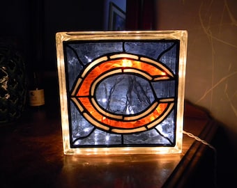 Chicago Bears Football Reclaimed Glass Block Light/Nightlight Leaded Stained Glass