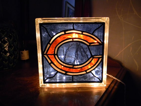 Chicago Bears Football Reclaimed Glass Block Light/Nightlight Leaded Stained Glass