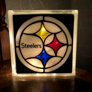 Pittsburg Steelers Football Reclaimed Glass Block Light/Nightlight Leaded Stained Glass