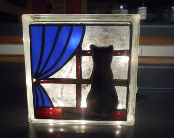 Cat Window Silhoutte Reclaimed Glass Block Light/Nightlight Leaded Stained Glass