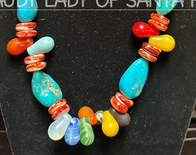 Chunky Turquoise Spiny Oyster Inlaid with Turquoise and Assorted Rainbow Teardrop Beads Choker