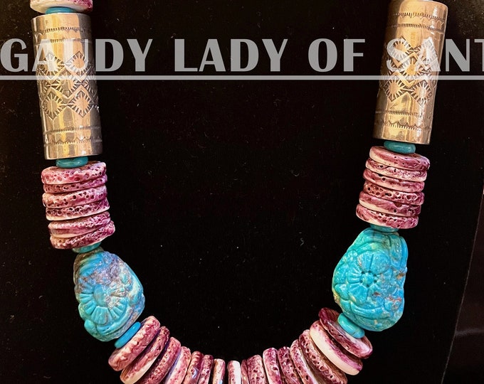 Purple Spiny Turquoise Carved Nuggets with Silver Barrels