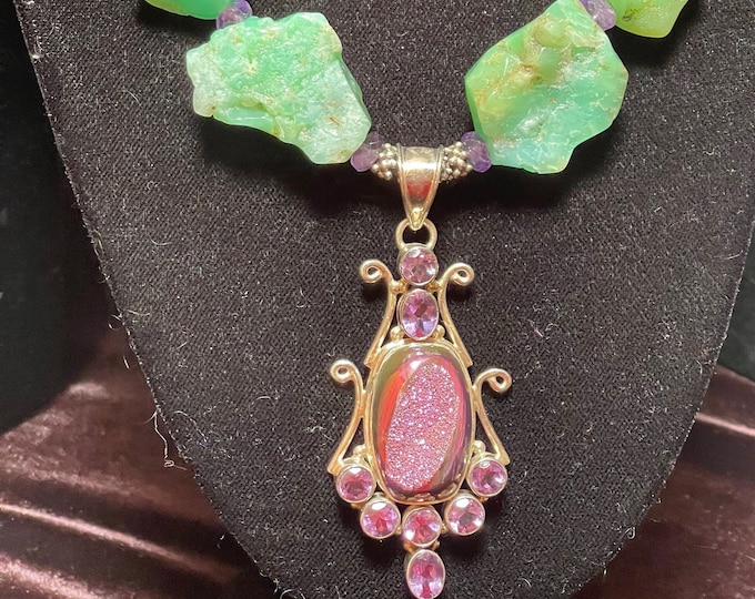 Chrysoprase Amethyst Druzy Pendant Necklace