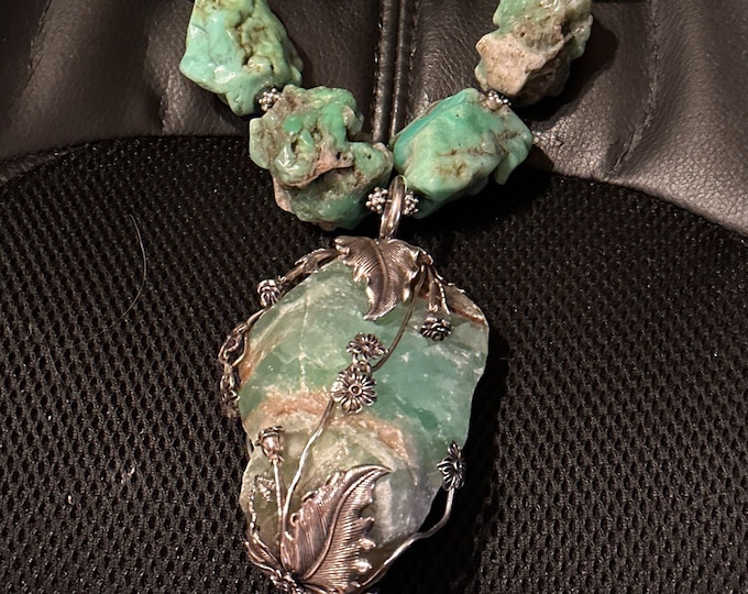 Chrysoprase Chunky Necklace Pendant Vintage Silver Beads