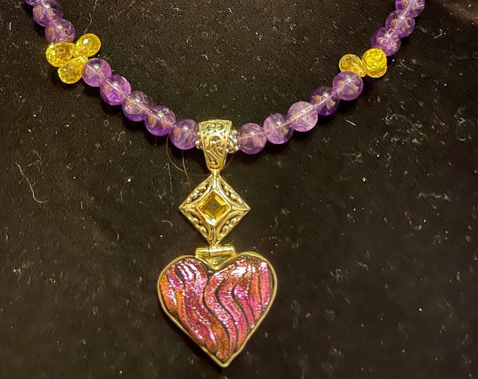 Amethyst Citrine Dichroic Glass Heart Pendant Necklace