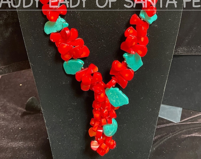 Chunky Coral Turquoise Long Gaudy Statement Necklace