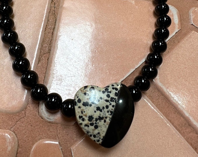 Onyx Dalmatian Jasper Heart Pendant Necklace