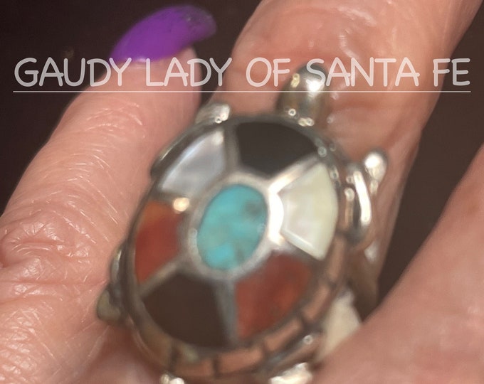 Vintage Turtle Ring Coral. Turquoise, Mother of Pearl, Onyx