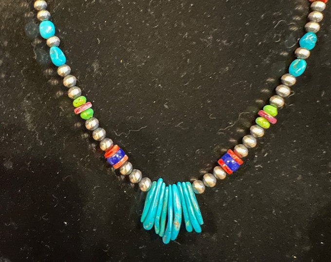 Navajo Pearl Turquoise Spiny Oyster Lapis Adjustable Necklace