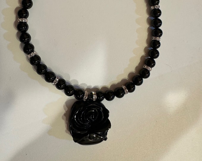 Black Onyx Rose Necklace Diamond Bling