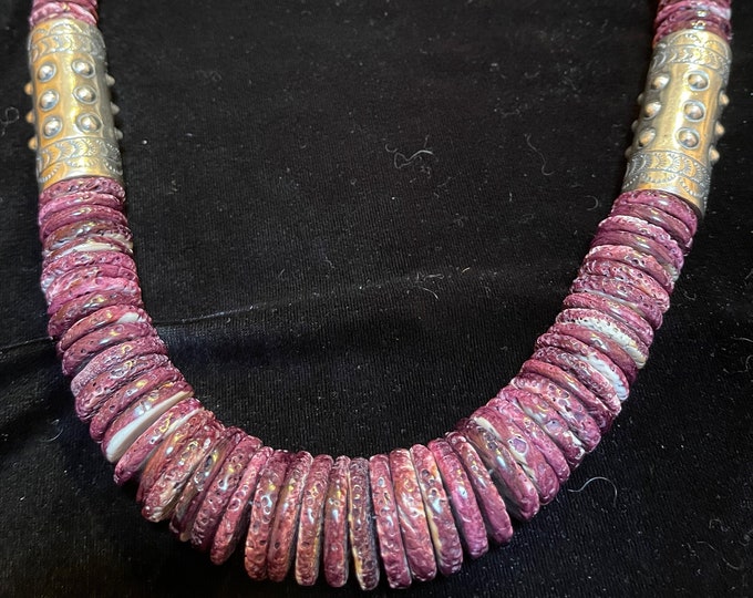 Purple Spiny Oyster Necklace, Silver Barrels