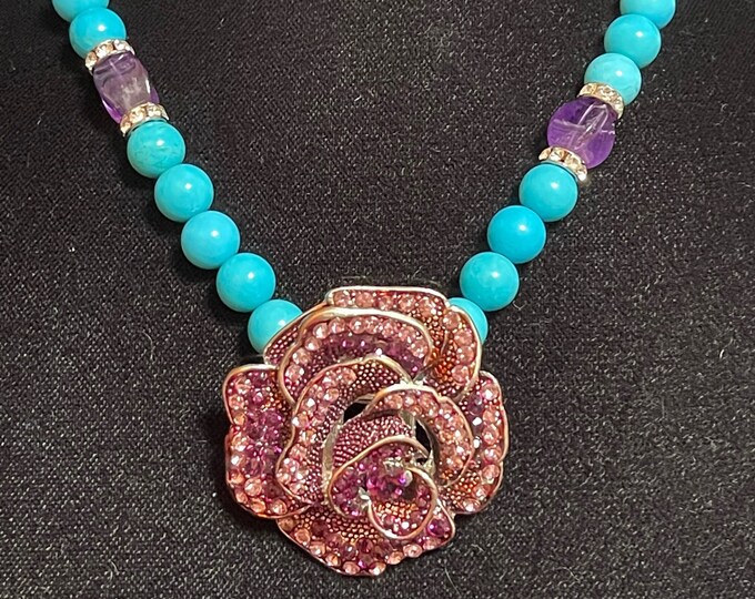 Turquoise Amethyst Rhinestone Flower Necklace