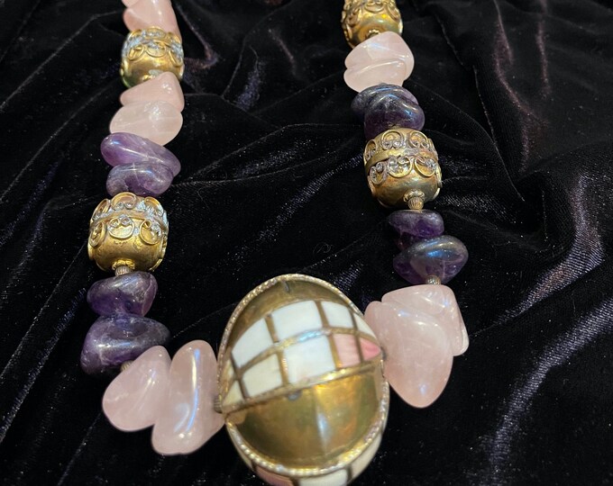 Amethyst Rose Quartz  Necklace Brass Inlaid Boulder