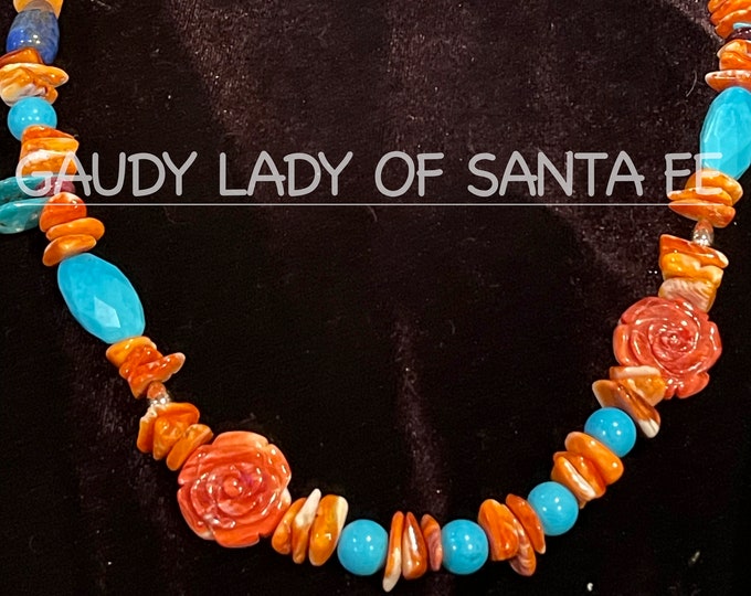 Spiny Oyster Turquoise Lapis Necklace with Spiny Oyster Flower