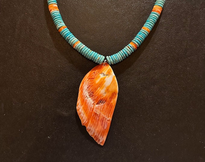 Turquoise Heishi Orange Spiny Oyster Pendant and Trim