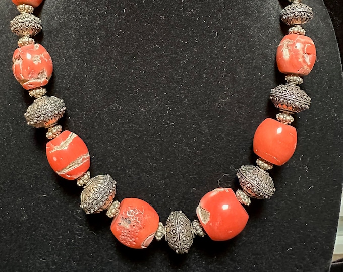 Vintage Peach Coral Sterling Silver Necklace