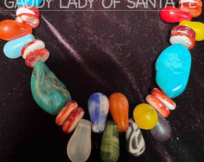 Chunky Turquoise Spiny Oyster Inlaid with Turquoise and Assorted Rainbow Teardrop Beads Long Necklace