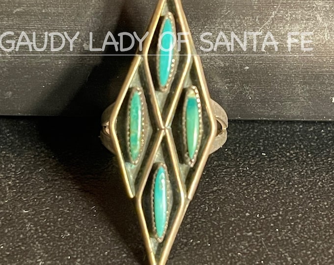 Vintage Turquoise Diamond Shaped Oxidized Ring 1960's