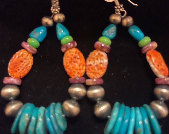 Large NavajoPearl Turquoise Spiny Oyster Orange Dangle Earrings