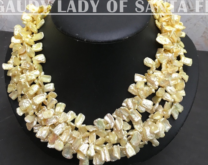 Yellow Biwa Pearl Necklace 4 Strands