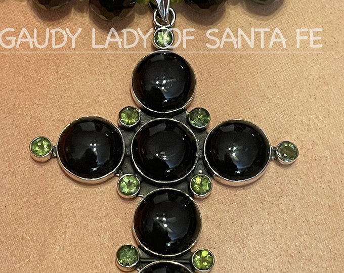 Black Onyx Cross Necklace Peridot Trim