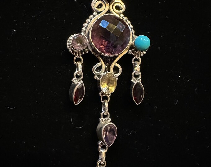 Chariote Amethyst Turquoise Citrine Garnet Pendant Necklace