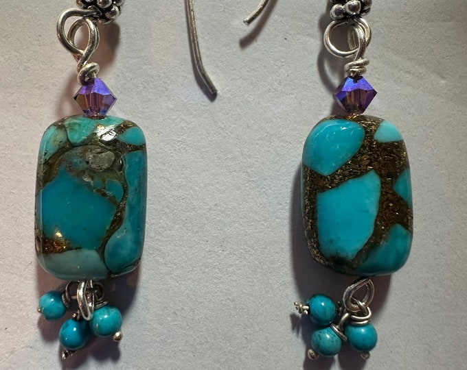 Turquoise and Amethyst Chrystal Earrings Turquoise Dangles