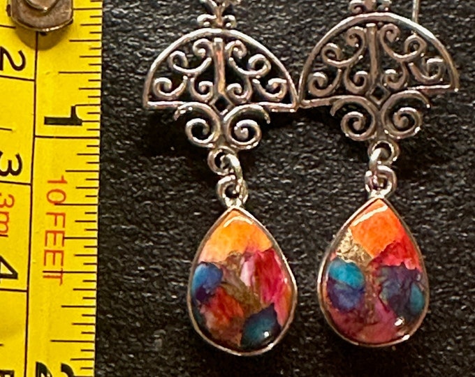 Turquoise Spiny Oyster, Red, Orange, Purple Dangling from Sterling Silver Fan Shape