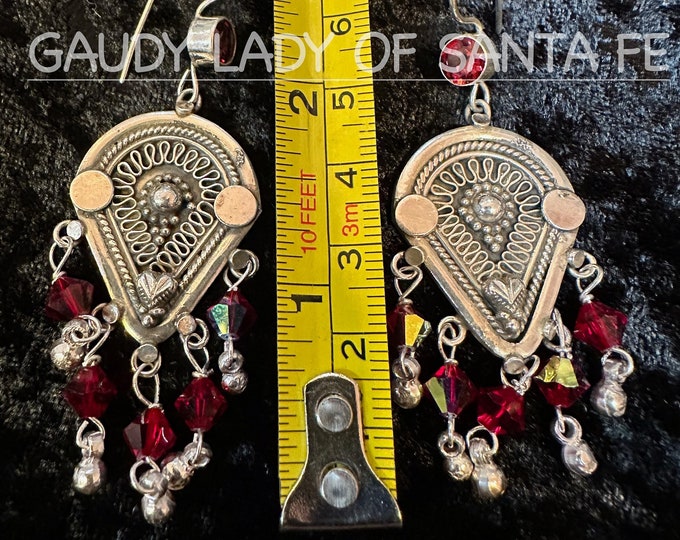 Garnet Crystal Dangle Filigree Sterling Earrings