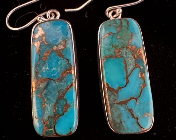 Turquoise Rectangle Earrings Sterling Silver Copper Matrix